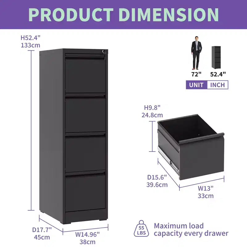 4 Drawer Metal Vertical File Cabinet with Lock Office Home Steel Vertical File Cabinet