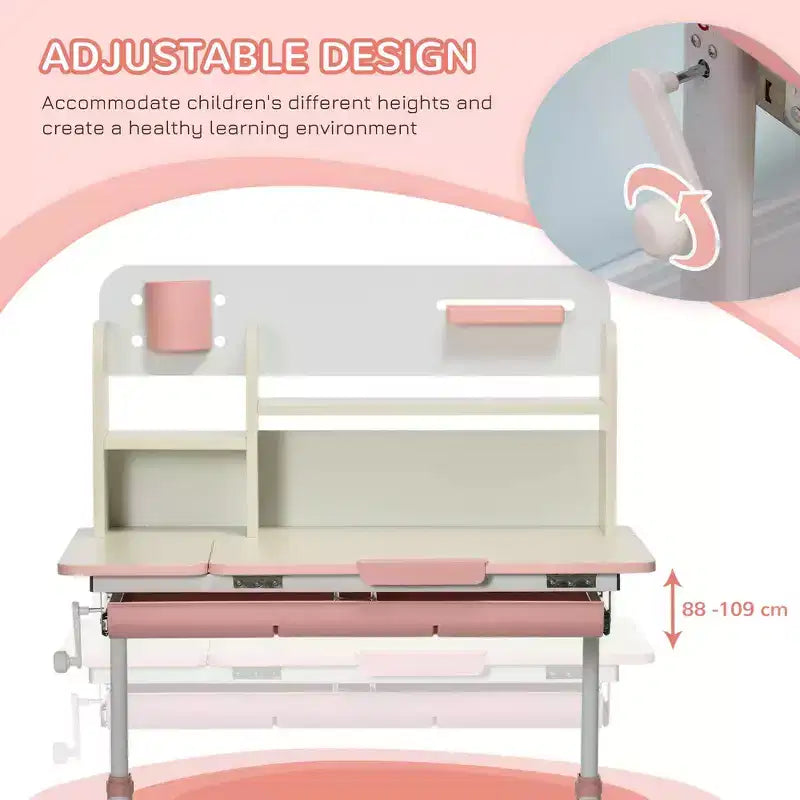 Height Adjustable Kids Study Desk with Tilt Desktop Drawer and Shelf Pink