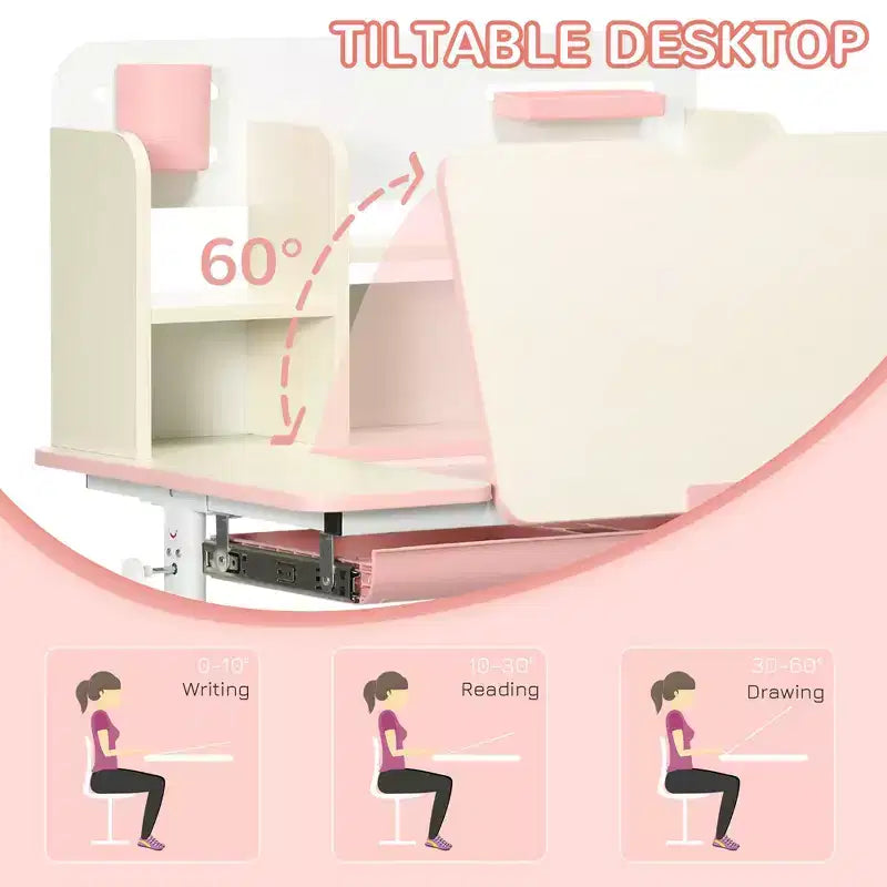 Height Adjustable Kids Study Desk with Tilt Desktop Drawer and Shelf Pink