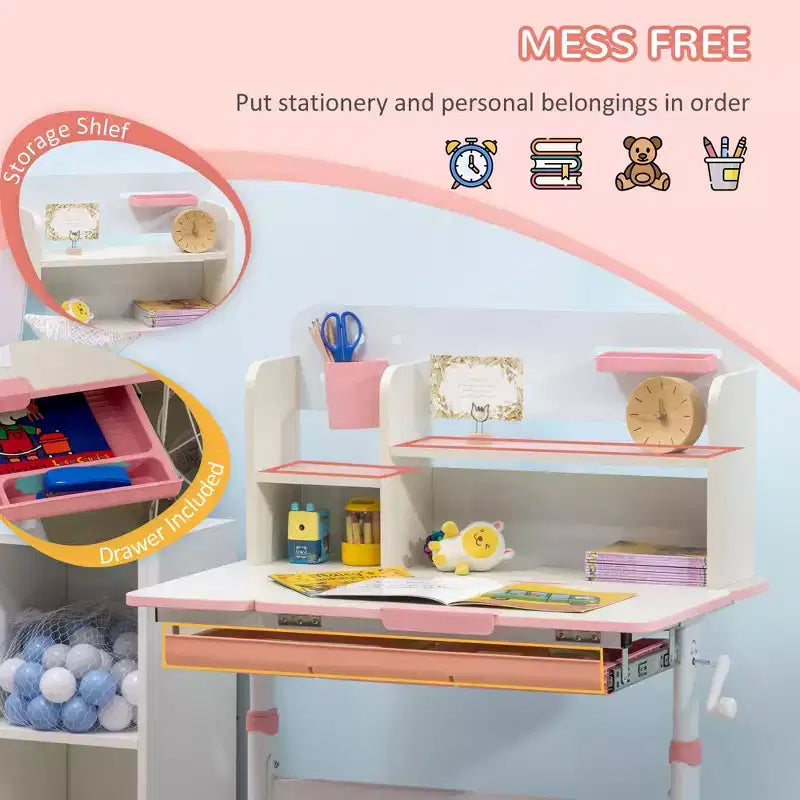 Height Adjustable Kids Study Desk with Tilt Desktop Drawer and Shelf Pink