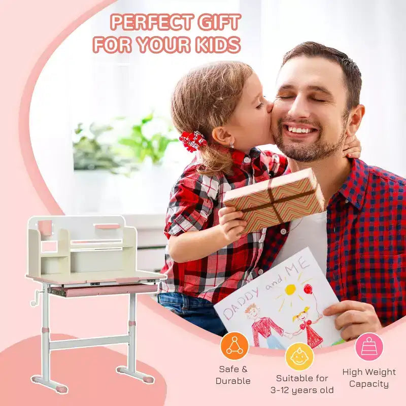 Height Adjustable Kids Study Desk with Tilt Desktop Drawer and Shelf Pink