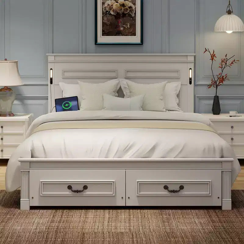ModernLuxe Queen/King Size Platform Bed with Tall Headboard, Rustic Wood Bed Frame with 2 Drawers, LED Lights & USB Ports