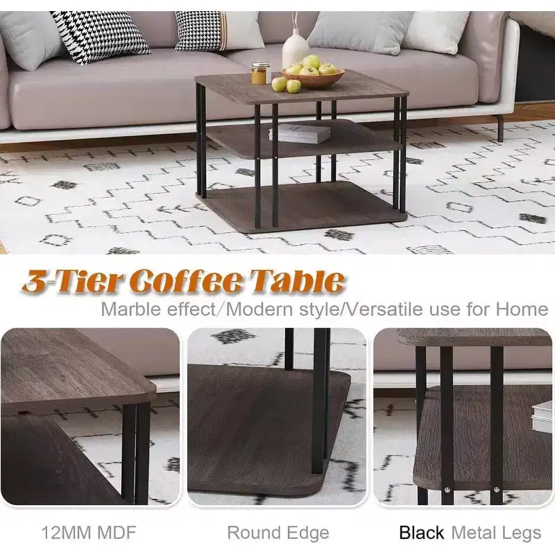 GOLDFAN 3-Tier Square Coffee Table with Storage Modern Living Room Deep Oak/Black
