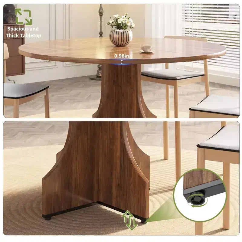 47 Round Dining Table for 4-6, Rustic Farmhouse, Wood Pedestal Base, Easy Assembly, for Small Apartments & Breakfast Nooks