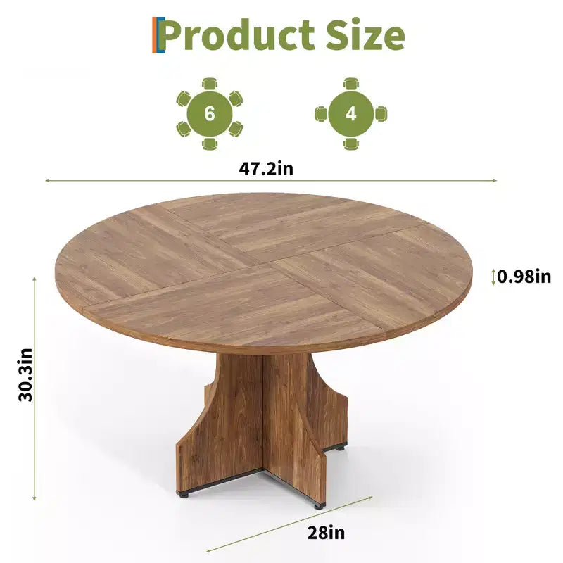 47 Round Dining Table for 4-6, Rustic Farmhouse, Wood Pedestal Base, Easy Assembly, for Small Apartments & Breakfast Nooks