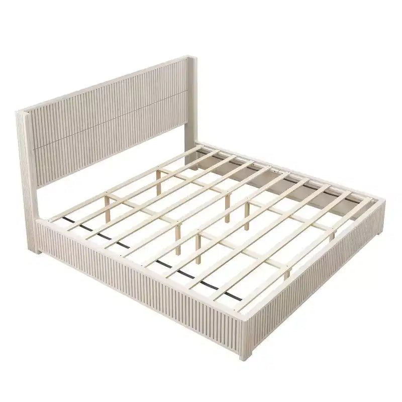 King Size Solid Wood Platform Bed Frame with Headboard, No Box Spring Needed and Easy Assembly, Beige