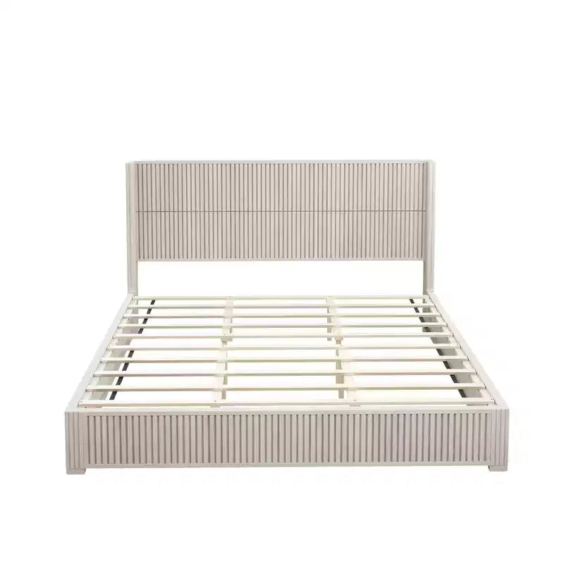 King Size Solid Wood Platform Bed Frame with Headboard, No Box Spring Needed and Easy Assembly, Beige