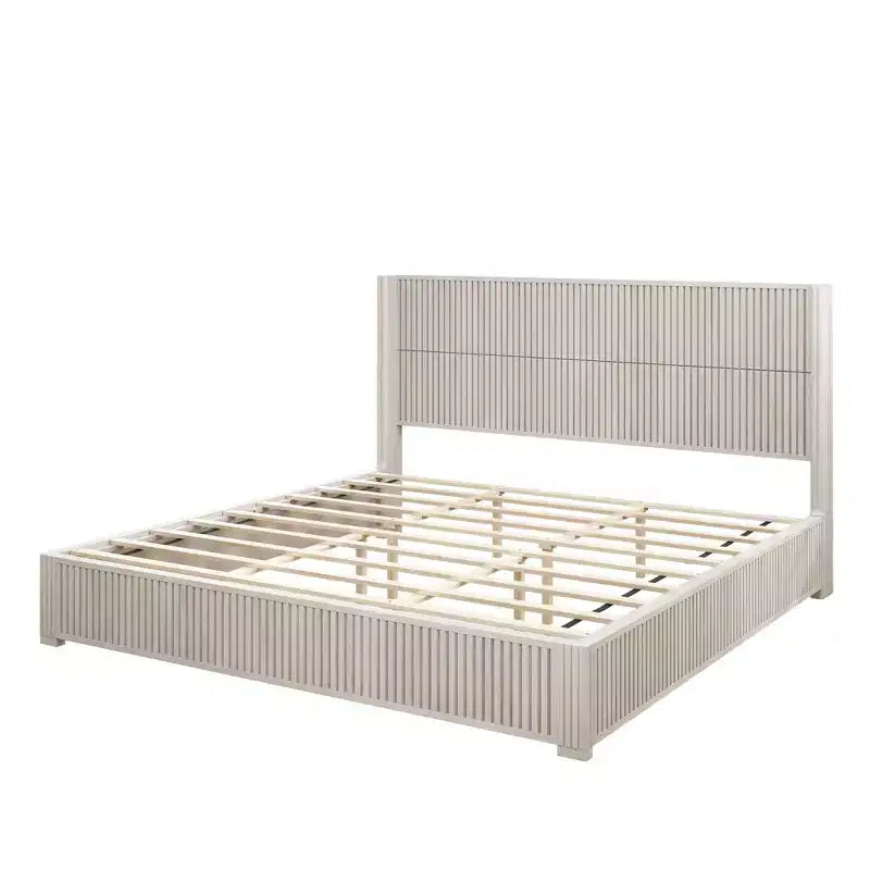 King Size Solid Wood Platform Bed Frame with Headboard, No Box Spring Needed and Easy Assembly, Beige