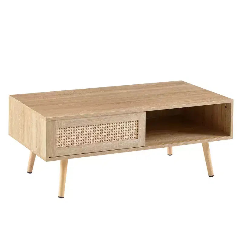 Fun little toys brand 41.34 Rattan Coffee table, sliding door for storage, solid wood legs, Modern table for living room , natural