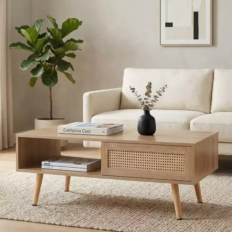 Fun little toys brand 41.34 Rattan Coffee table, sliding door for storage, solid wood legs, Modern table for living room , natural