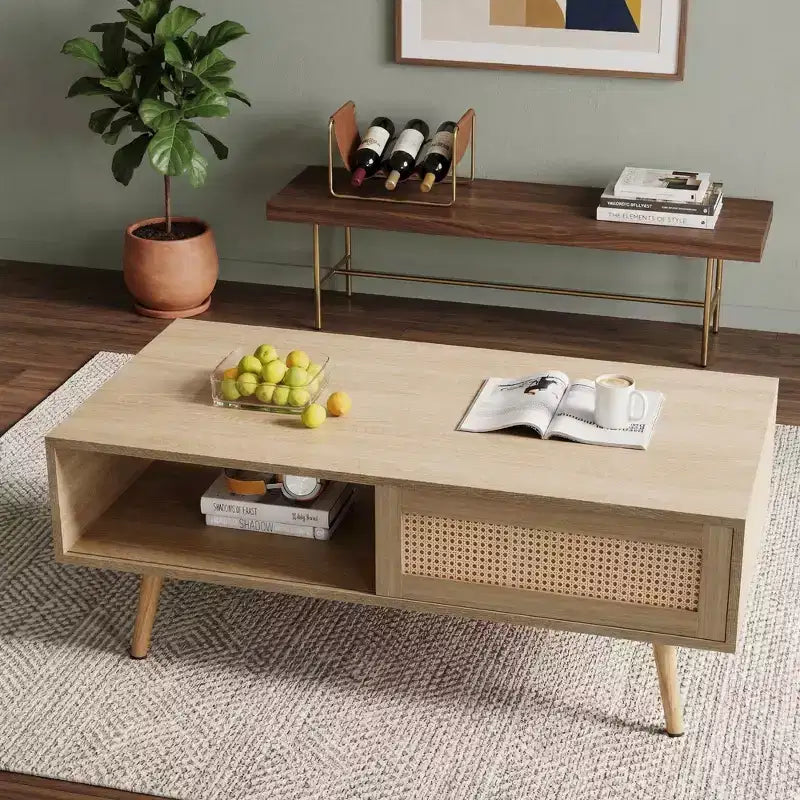 Fun little toys brand 41.34 Rattan Coffee table, sliding door for storage, solid wood legs, Modern table for living room , natural