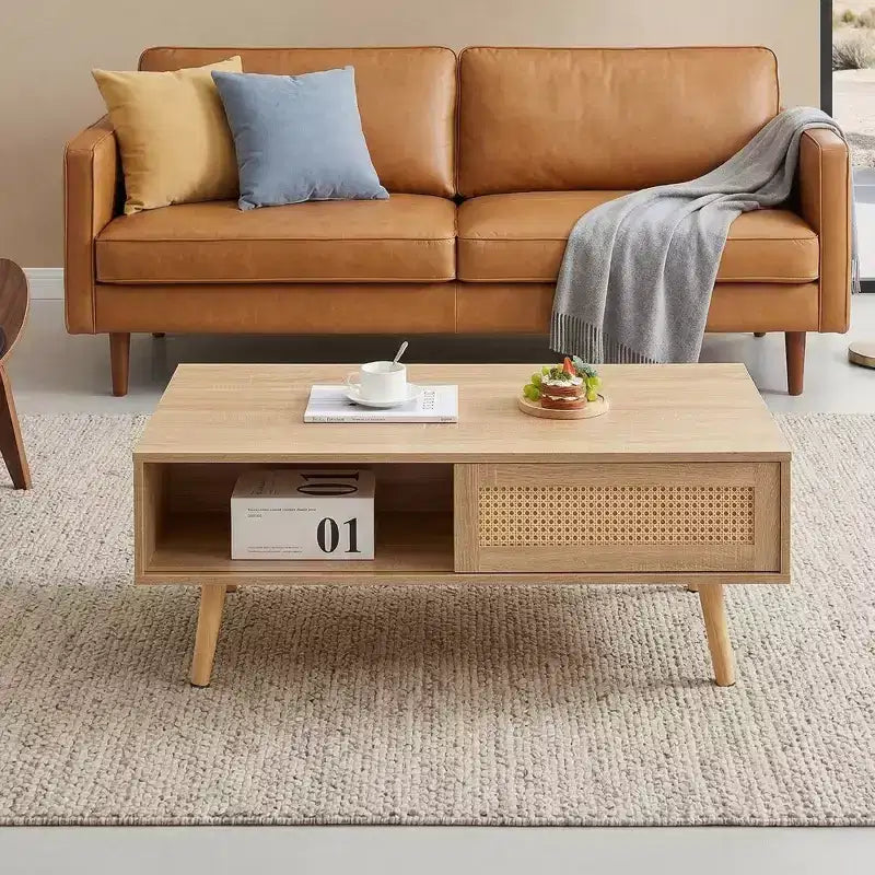 Fun little toys brand 41.34 Rattan Coffee table, sliding door for storage, solid wood legs, Modern table for living room , natural