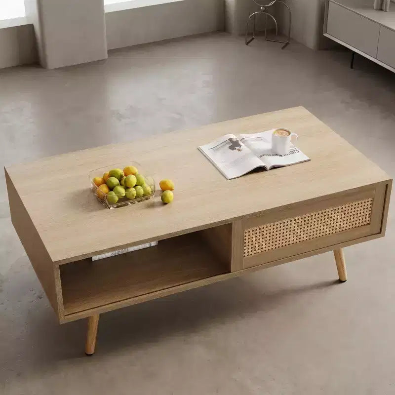 Fun little toys brand 41.34 Rattan Coffee table, sliding door for storage, solid wood legs, Modern table for living room , natural