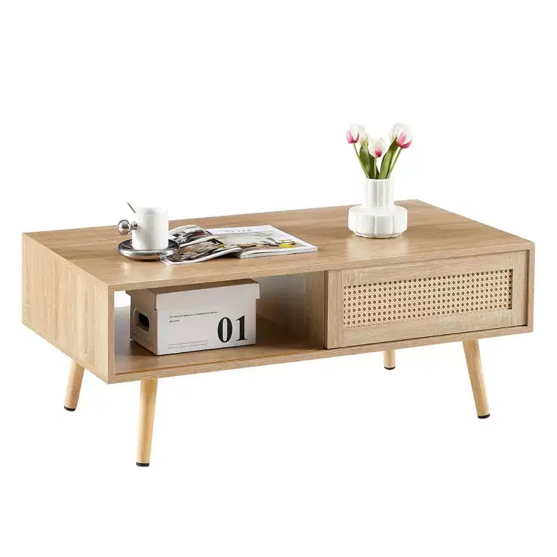 Fun little toys brand 41.34 Rattan Coffee table, sliding door for storage, solid wood legs, Modern table for living room , natural