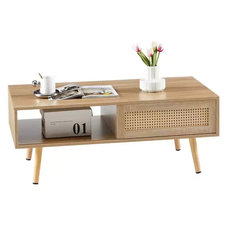 Fun little toys brand 41.34 Rattan Coffee table, sliding door for storage, solid wood legs, Modern table for living room , natural