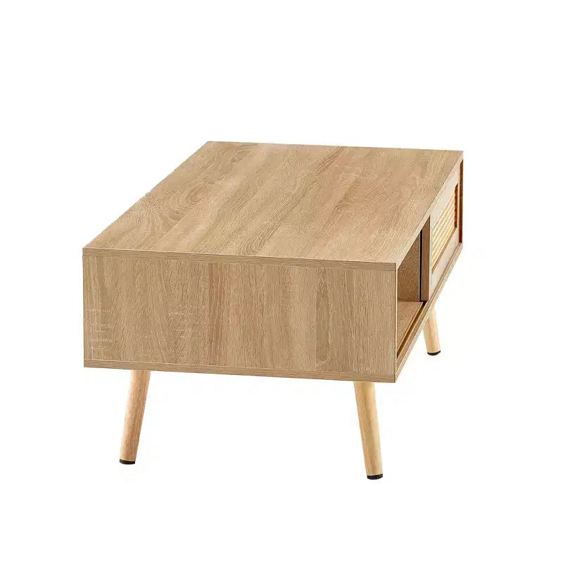Fun little toys brand 41.34 Rattan Coffee table, sliding door for storage, solid wood legs, Modern table for living room , natural
