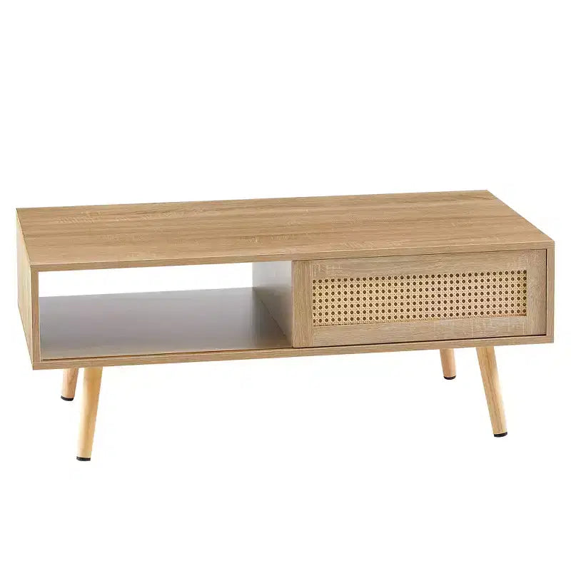 Fun little toys brand 41.34 Rattan Coffee table, sliding door for storage, solid wood legs, Modern table for living room , natural