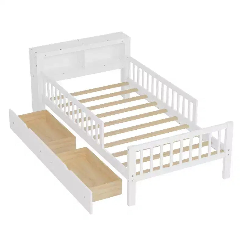 Twin Bed with Headboard Storage Rack, 2 Under-Bed Drawers and Guardrails, White