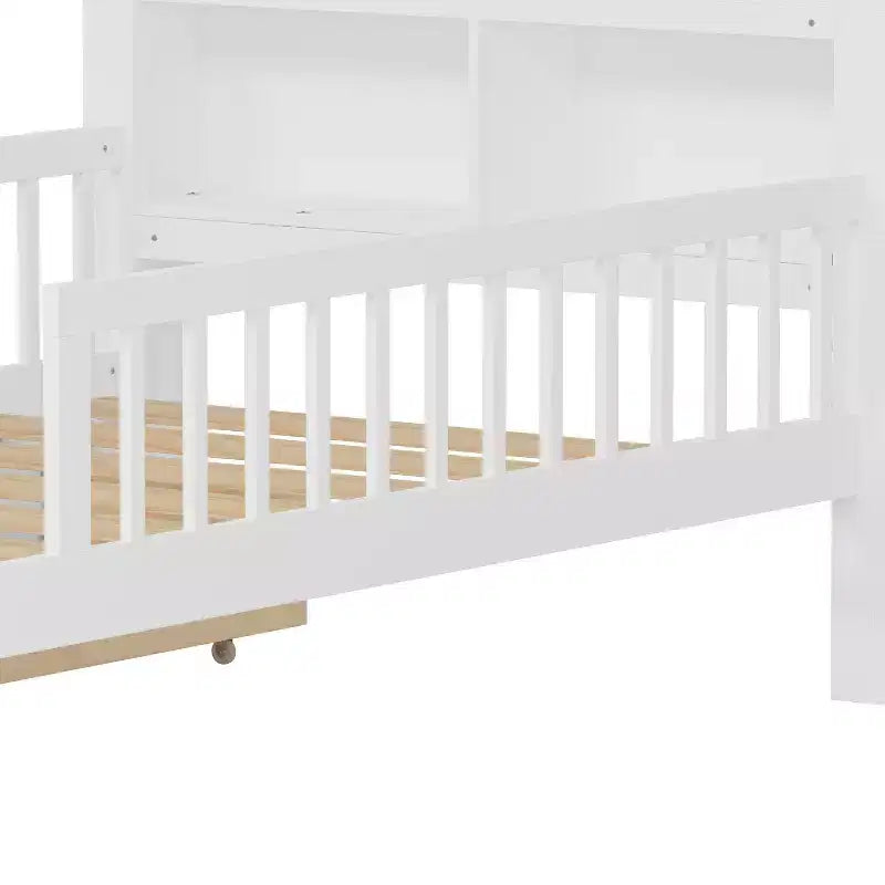 Twin Bed with Headboard Storage Rack, 2 Under-Bed Drawers and Guardrails, White
