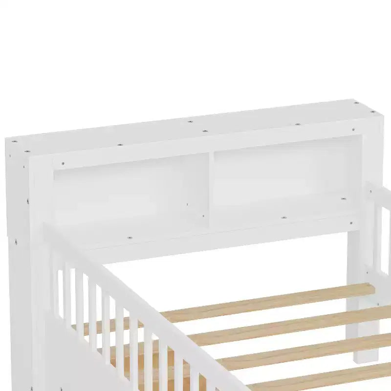 Twin Bed with Headboard Storage Rack, 2 Under-Bed Drawers and Guardrails, White