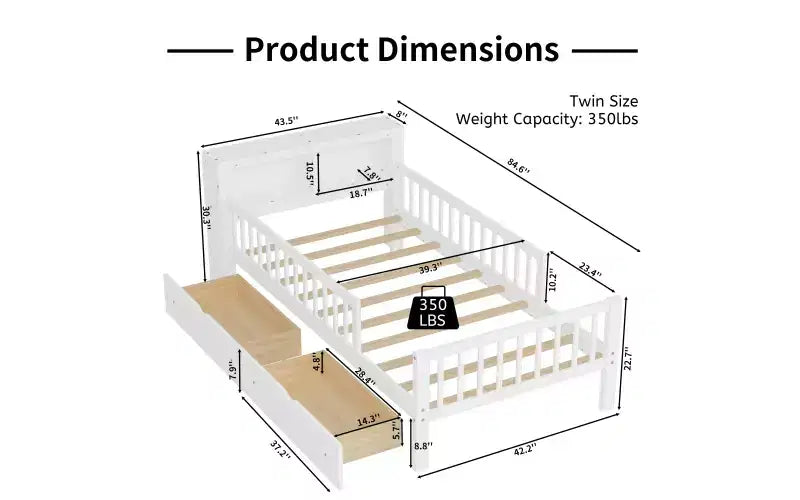 Twin Bed with Headboard Storage Rack, 2 Under-Bed Drawers and Guardrails, White