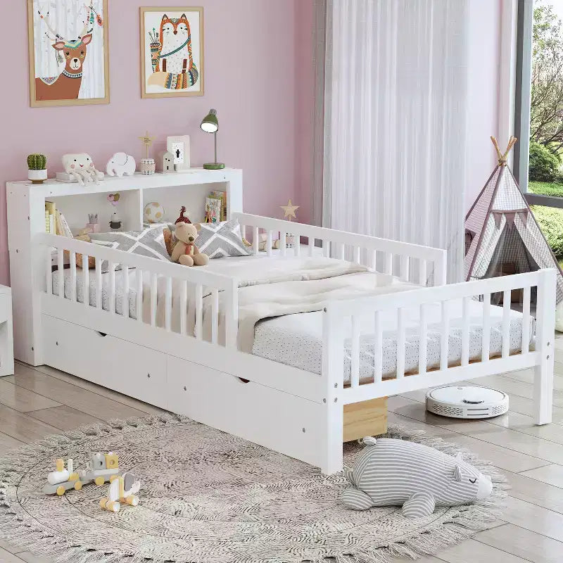 Twin Bed with Headboard Storage Rack, 2 Under-Bed Drawers and Guardrails, White