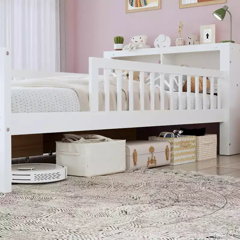 Twin Bed with Headboard Storage Rack, 2 Under-Bed Drawers and Guardrails, White
