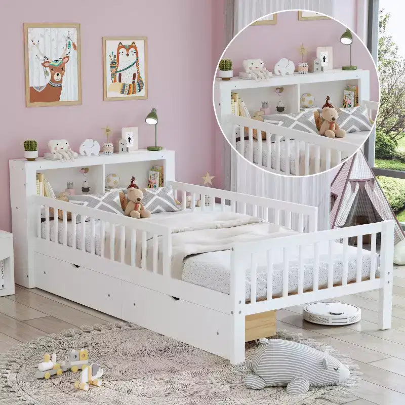 Twin Bed with Headboard Storage Rack, 2 Under-Bed Drawers and Guardrails, White