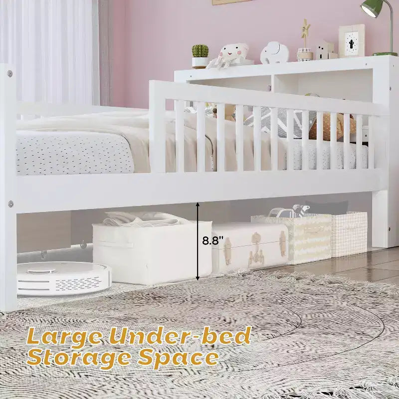 Twin Bed with Headboard Storage Rack, 2 Under-Bed Drawers and Guardrails, White