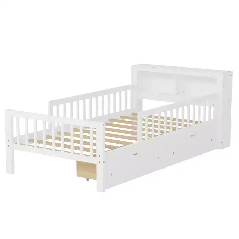 Twin Bed with Headboard Storage Rack, 2 Under-Bed Drawers and Guardrails, White