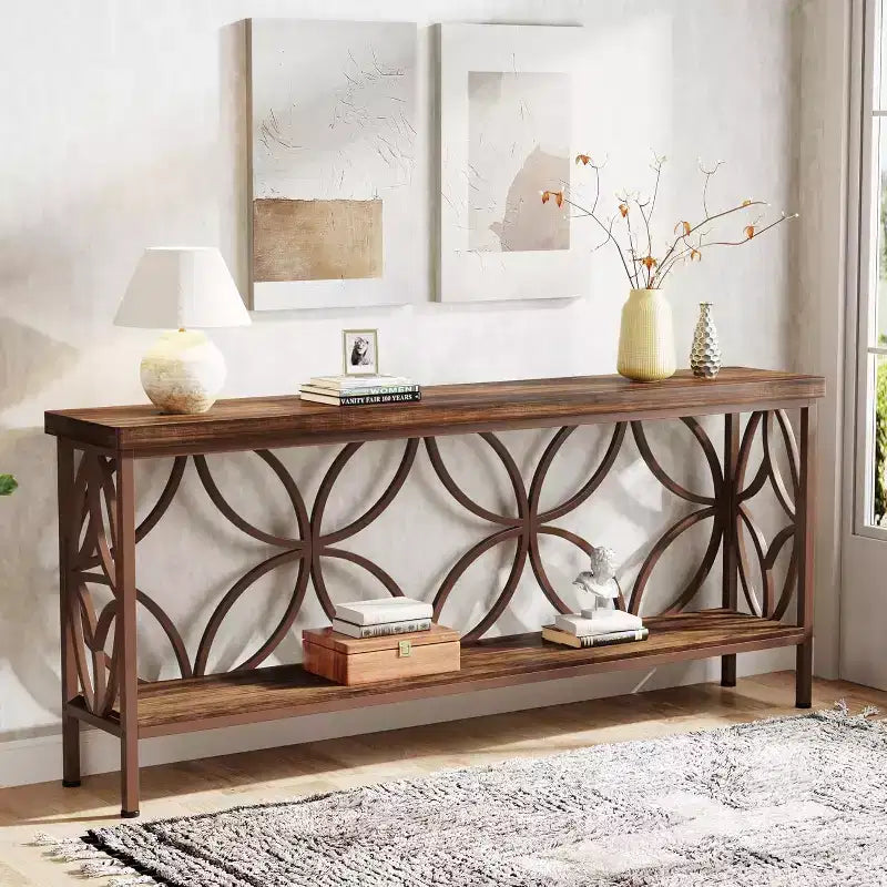Lantine 70.9-Inch Narrow Sofa Table, 2-Tier Industrial Console Table Behind Couch, Long Entry Tables with Storage for Foyer, Hallway, Glossy Brown