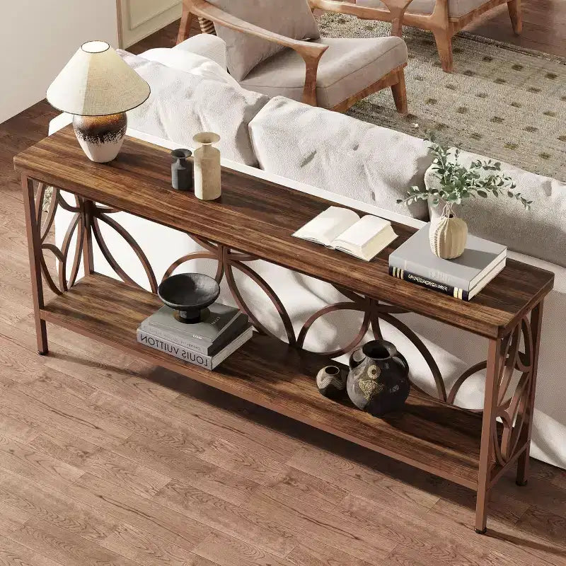 Lantine 70.9-Inch Narrow Sofa Table, 2-Tier Industrial Console Table Behind Couch, Long Entry Tables with Storage for Foyer, Hallway, Glossy Brown