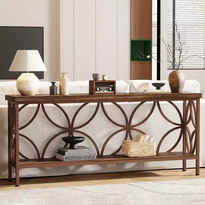 Lantine 70.9-Inch Narrow Sofa Table, 2-Tier Industrial Console Table Behind Couch, Long Entry Tables with Storage for Foyer, Hallway, Glossy Brown