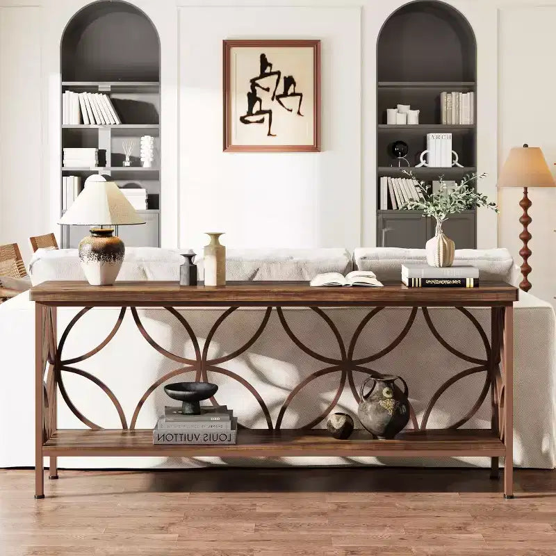 Lantine 70.9-Inch Narrow Sofa Table, 2-Tier Industrial Console Table Behind Couch, Long Entry Tables with Storage for Foyer, Hallway, Glossy Brown