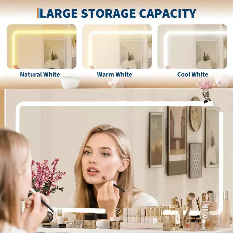 Makeup Vanity Desk with LED Light Mirror Power Outlet and 10 Drawers, Dressing Table Set with Stool 3 Lighting Modes for Bedroom