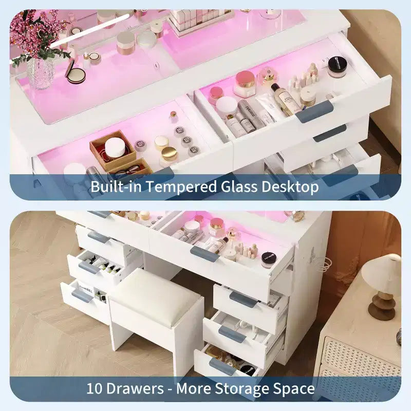Makeup Vanity Desk with LED Light Mirror Power Outlet and 10 Drawers, Dressing Table Set with Stool 3 Lighting Modes for Bedroom