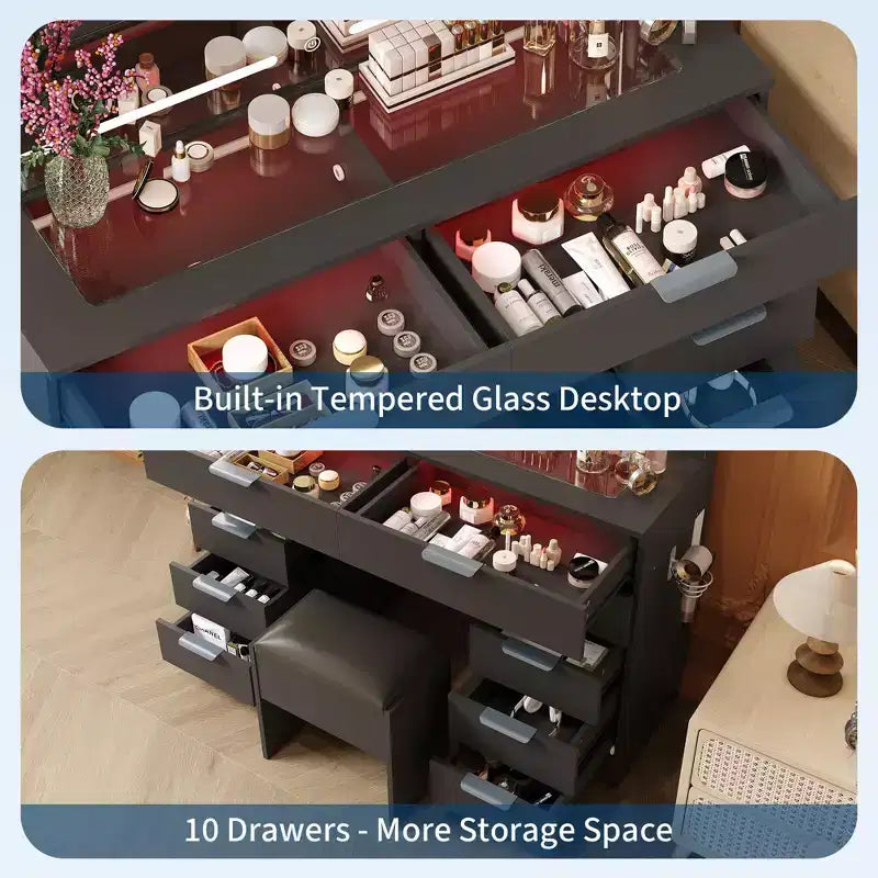 Makeup Vanity Desk with LED Light Mirror Power Outlet and 10 Drawers, Dressing Table Set with Stool 3 Lighting Modes for Bedroom