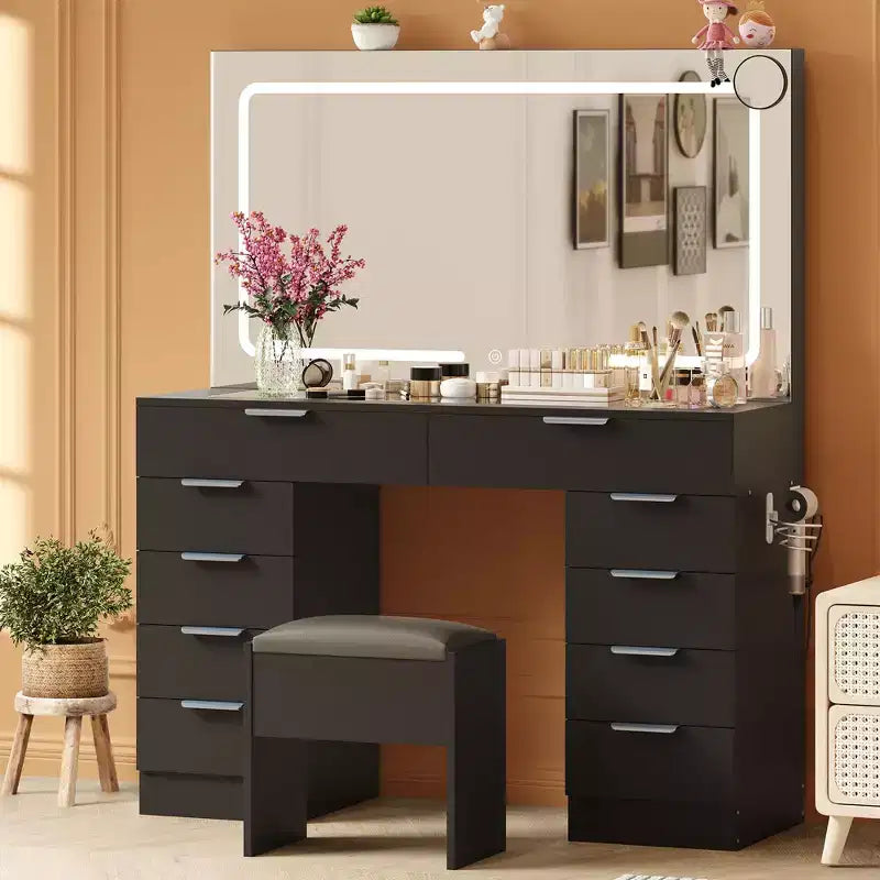 Makeup Vanity Desk with LED Light Mirror Power Outlet and 10 Drawers, Dressing Table Set with Stool 3 Lighting Modes for Bedroom