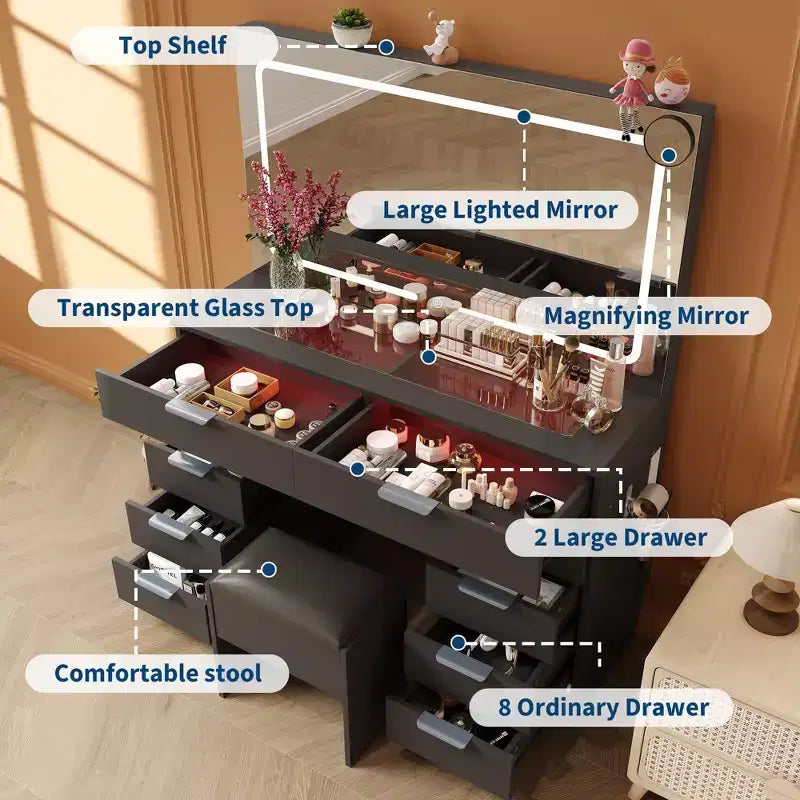 Makeup Vanity Desk with LED Light Mirror Power Outlet and 10 Drawers, Dressing Table Set with Stool 3 Lighting Modes for Bedroom