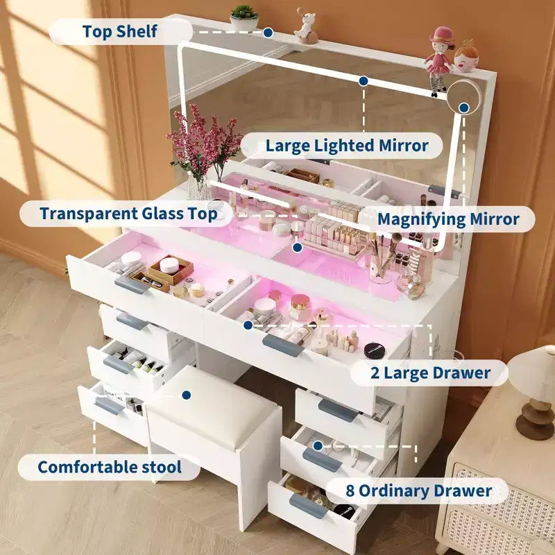 Makeup Vanity Desk with LED Light Mirror Power Outlet and 10 Drawers, Dressing Table Set with Stool 3 Lighting Modes for Bedroom