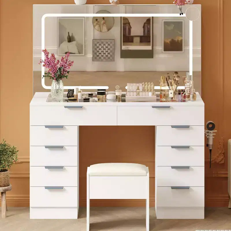 Makeup Vanity Desk with LED Light Mirror Power Outlet and 10 Drawers, Dressing Table Set with Stool 3 Lighting Modes for Bedroom